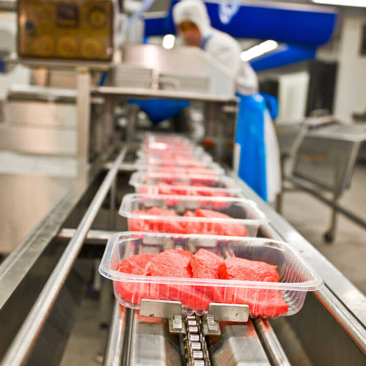 Conveyor belt with plastic trays of raw meat in a processing facility. Workers in the background.